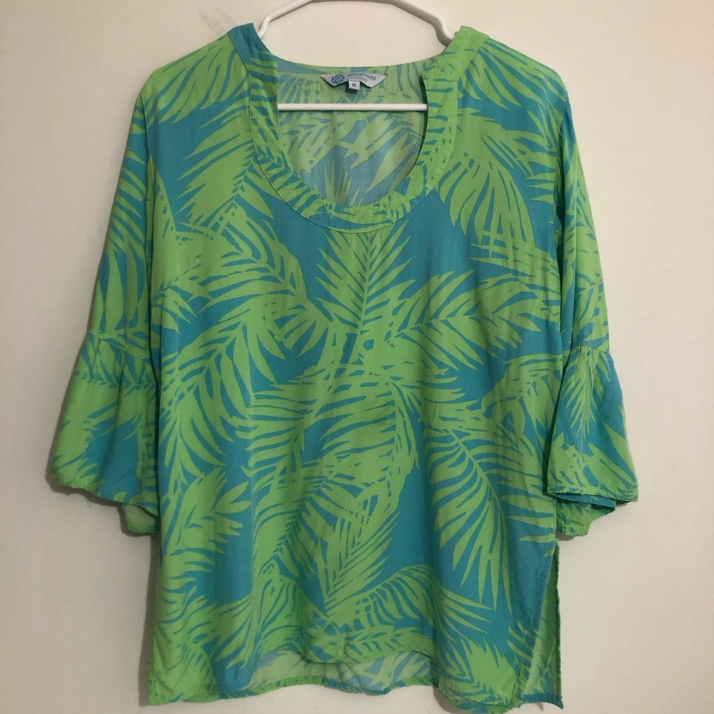 Tropical Leaf Print Blouse in Aqua and Lime Lightweight Tunic Size M